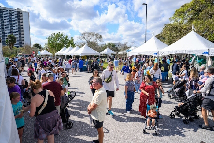 People crowding around vendor booths for information and activities during ManateeFest 2024.