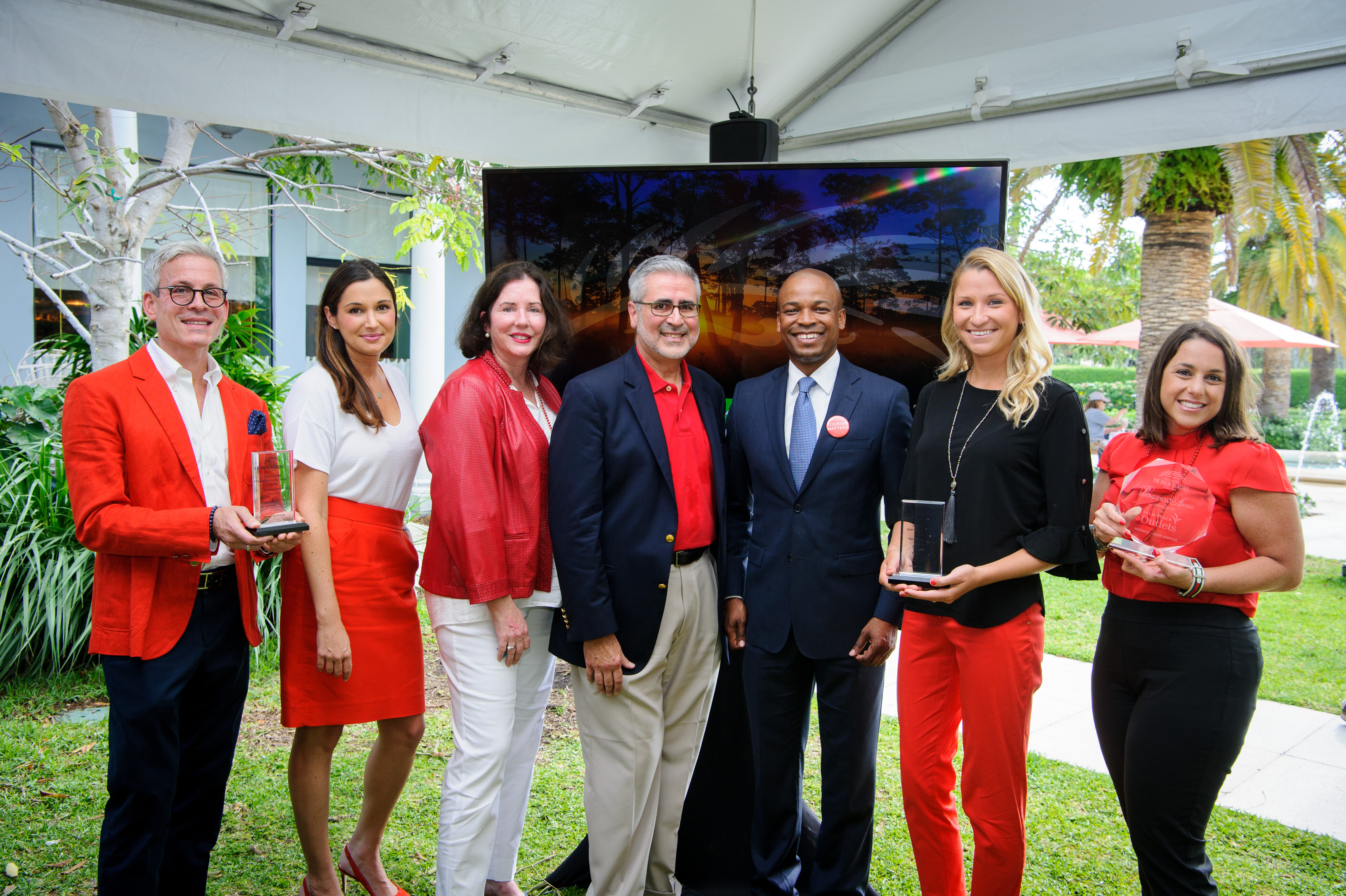 Left to right: Eau Palm Beach Resort &amp;amp; Spa Director of Public Relations Nick Gold, Eau Palm Beach Resort &amp;amp; Spa Director of Marketing Christine Davis, Manatee Lagoon Manager Sarah Marmion, Discover the Palm Beaches CEO Jorge Pesquera, Palm Beach County Mayor Mack Bernard, Manatee Lagoon Communication Specialist Brittany Balcer, and Palm Beach Outlets Marketing Director Pamela Rada.